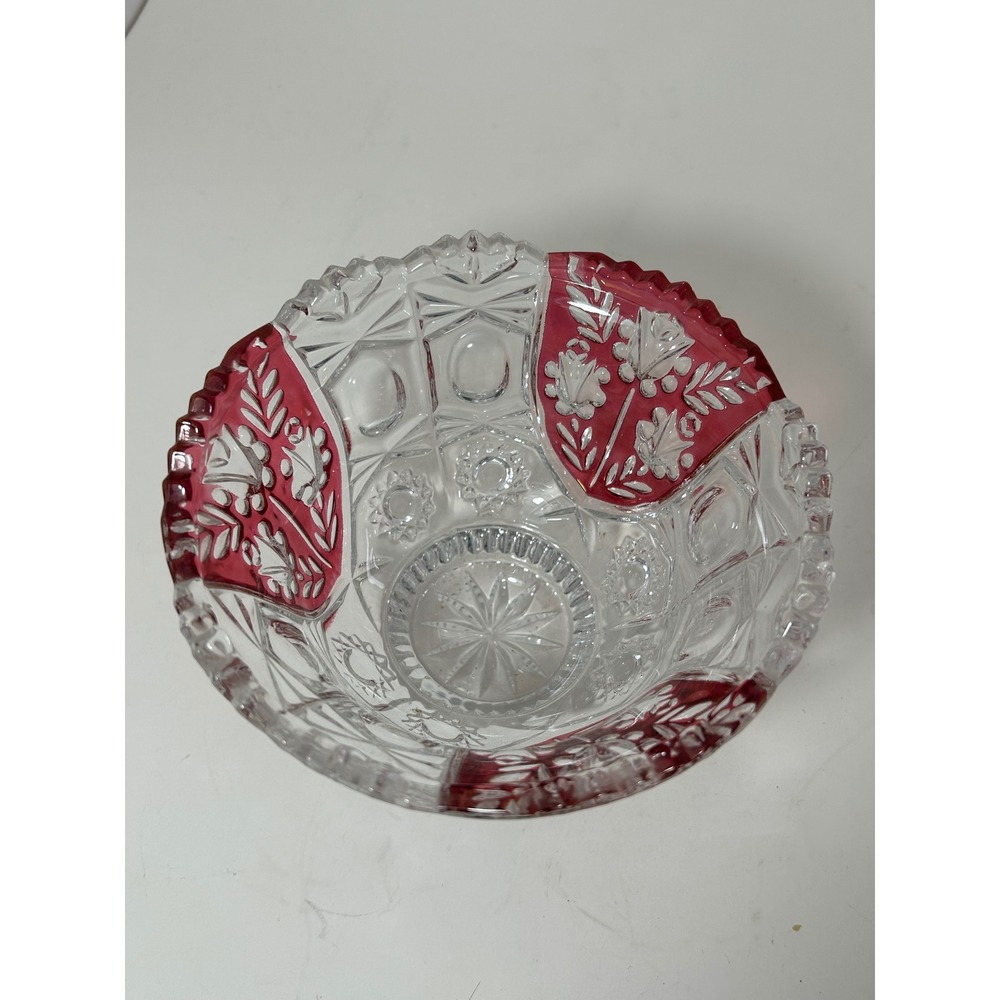 Vintage Ruby Flash Stained EAPG Pressed Glass Bowl Floral Etched Scalloped Edge - Picture 5 of 7